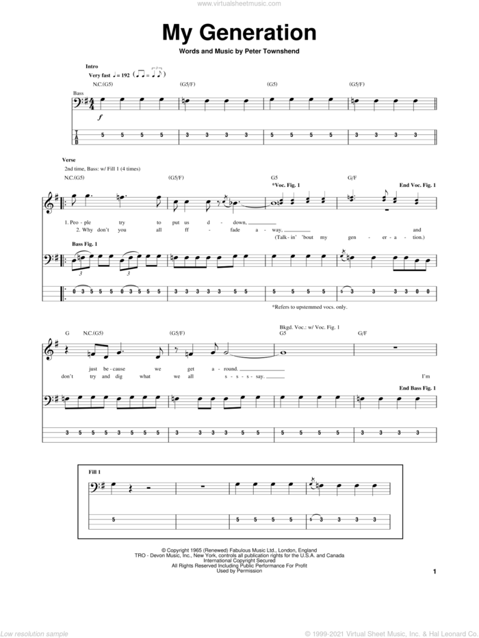 My Generation sheet music for bass (tablature) (bass guitar) by The Who and Pete Townshend, intermediate skill level