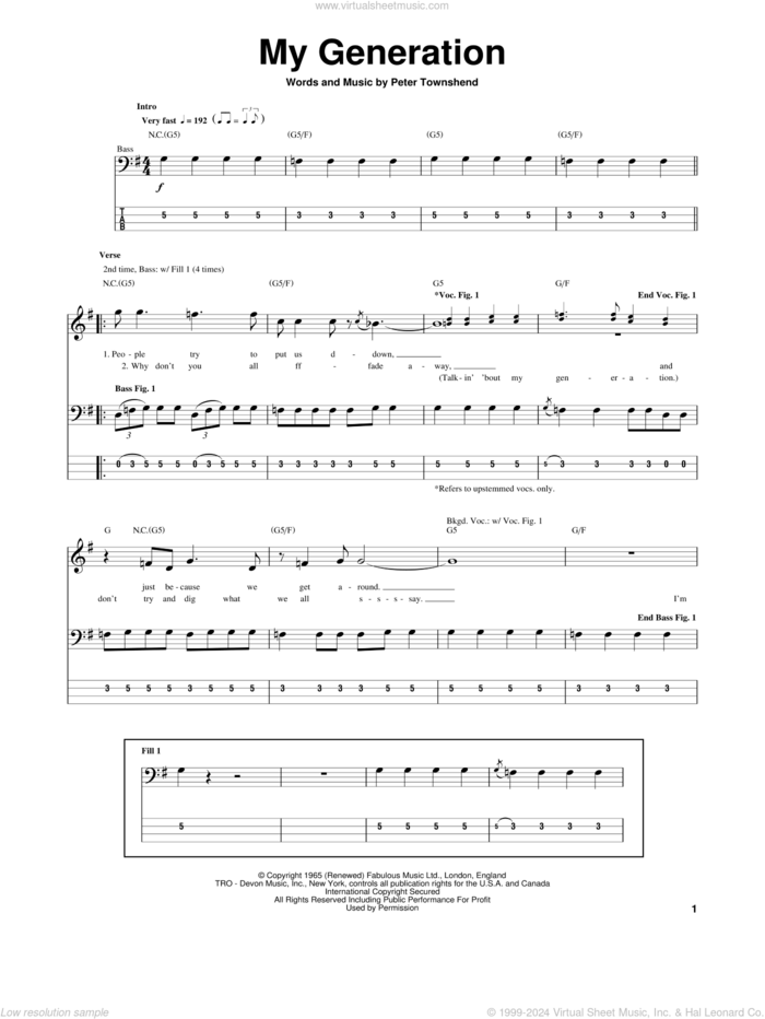 My Generation sheet music for bass (tablature) (bass guitar) by The Who and Pete Townshend, intermediate skill level