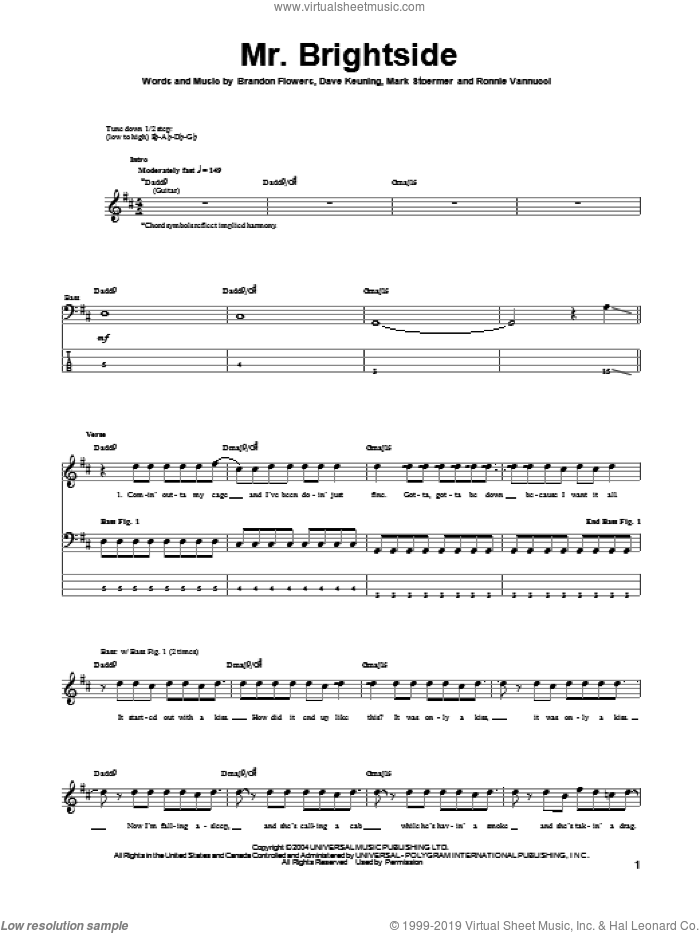 Mr. Brightside sheet music for bass (tablature) (bass guitar) by The Killers, Brandon Flowers, Dave Keuning, Mark Stoermer and Ronnie Vannucci, intermediate skill level