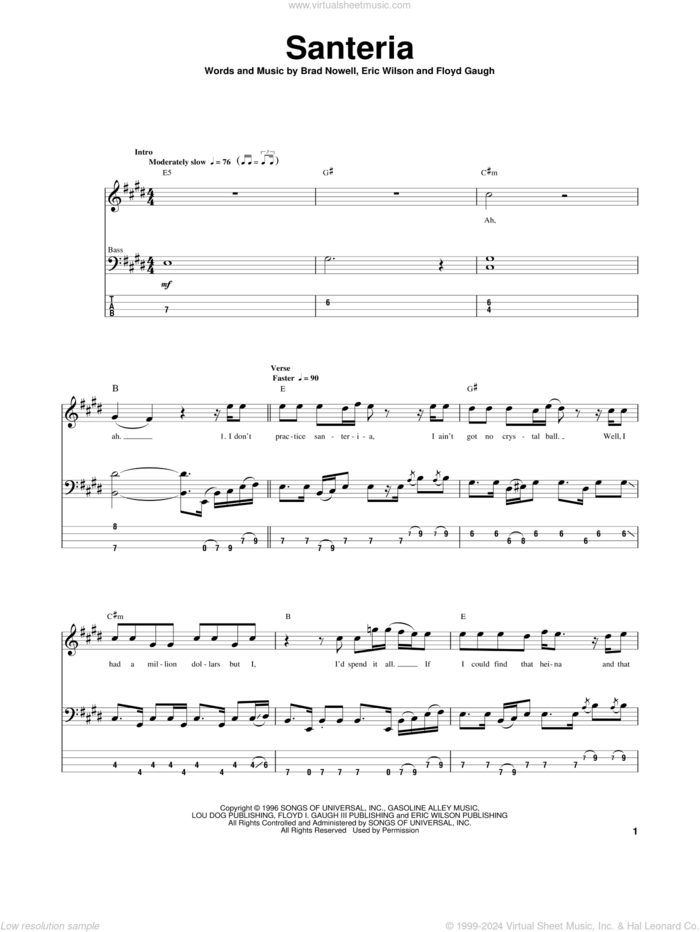 Santeria sheet music for bass (tablature) (bass guitar) by Sublime, Brad Nowell, Eric Wilson and Floyd Gaugh, intermediate skill level