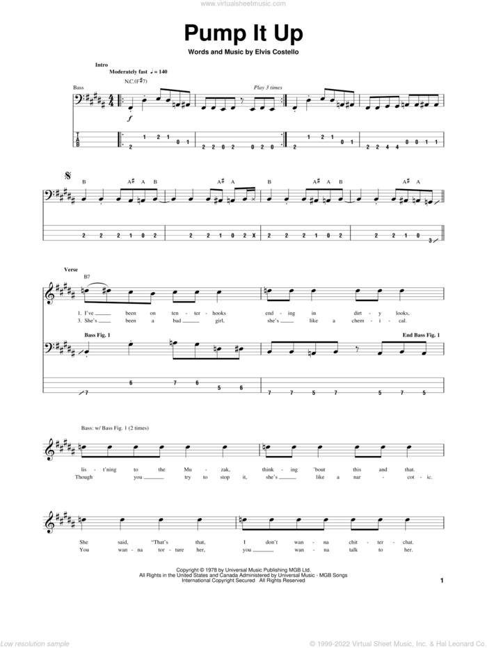 Pump It Up sheet music for bass (tablature) (bass guitar) by Elvis Costello, intermediate skill level