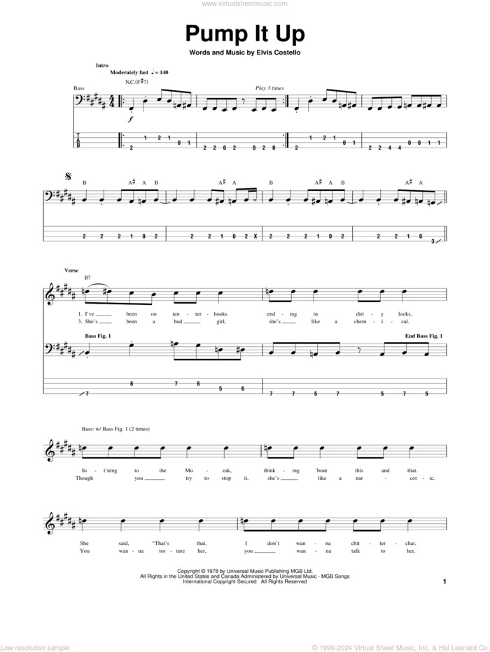 Pump It Up sheet music for bass (tablature) (bass guitar) by Elvis Costello, intermediate skill level