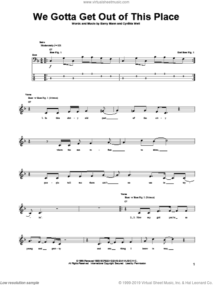 We Gotta Get Out Of This Place sheet music for bass (tablature) (bass guitar) by The Animals, Barry Mann and Cynthia Weil, intermediate skill level