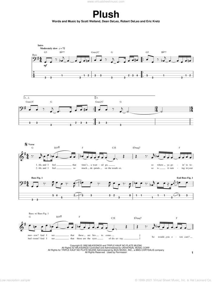 Plush sheet music for bass (tablature) (bass guitar) by Stone Temple Pilots, Dean DeLeo, Eric Kretz, Robert DeLeo and Scott Weiland, intermediate skill level