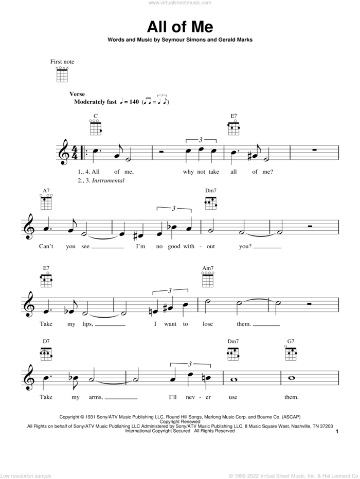 All Of Me sheet music for ukulele by Gerald Marks and Seymour Simons, intermediate skill level