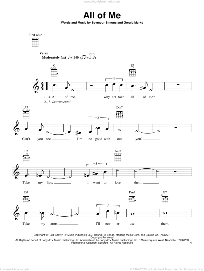 All Of Me sheet music for ukulele by Gerald Marks and Seymour Simons, intermediate skill level