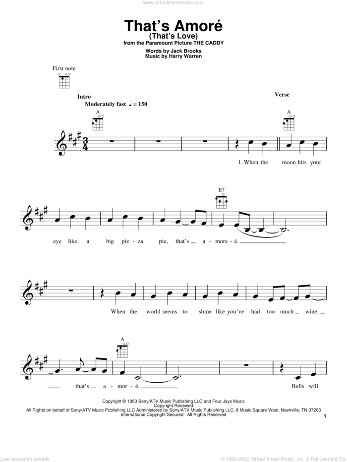 That's Amore (That's Love) sheet music for ukulele by Harry Warren, Dean Martin and Jack Brooks, intermediate skill level
