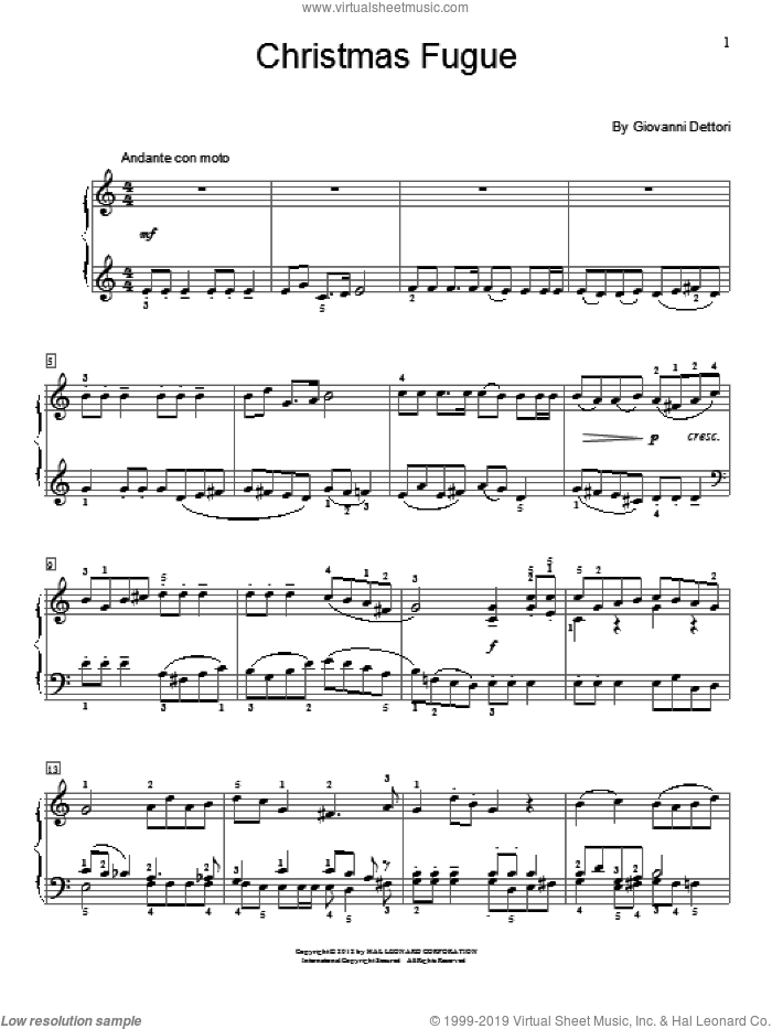 Christmas Fugue sheet music for piano solo (elementary) by Giovanni Dettori and Miscellaneous, beginner piano (elementary)