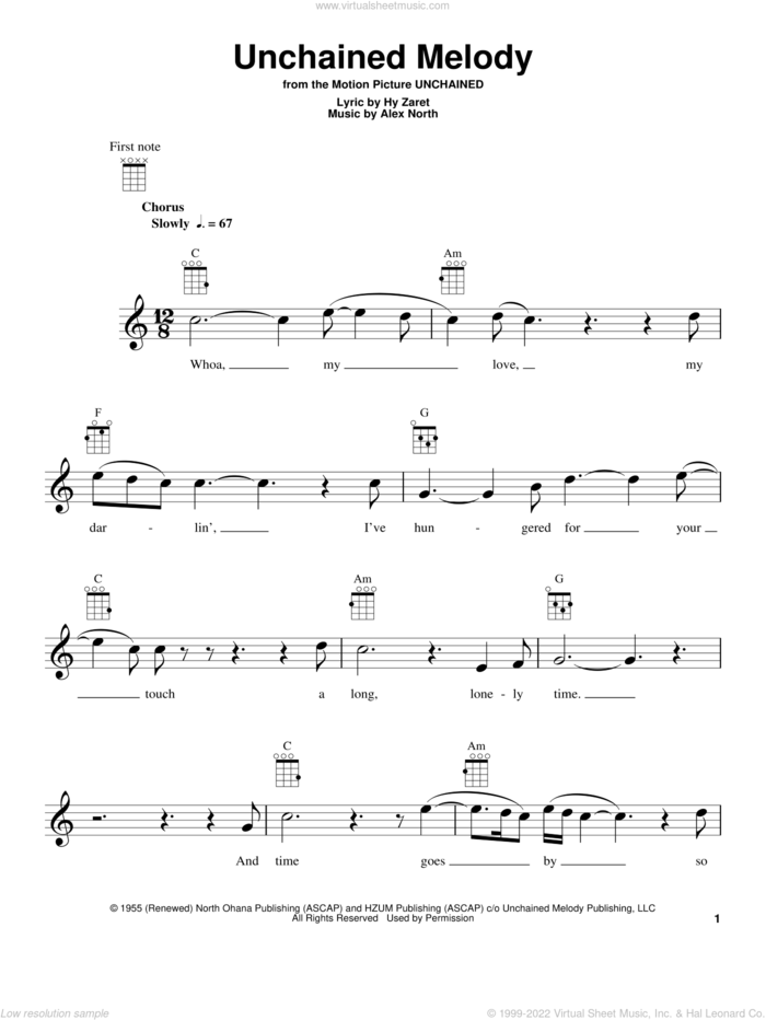 Unchained Melody sheet music for ukulele by The Righteous Brothers, Al Hibbler, Alex North, Barry Manilow, Elvis Presley, Hy Zaret and Les Baxter, wedding score, intermediate skill level