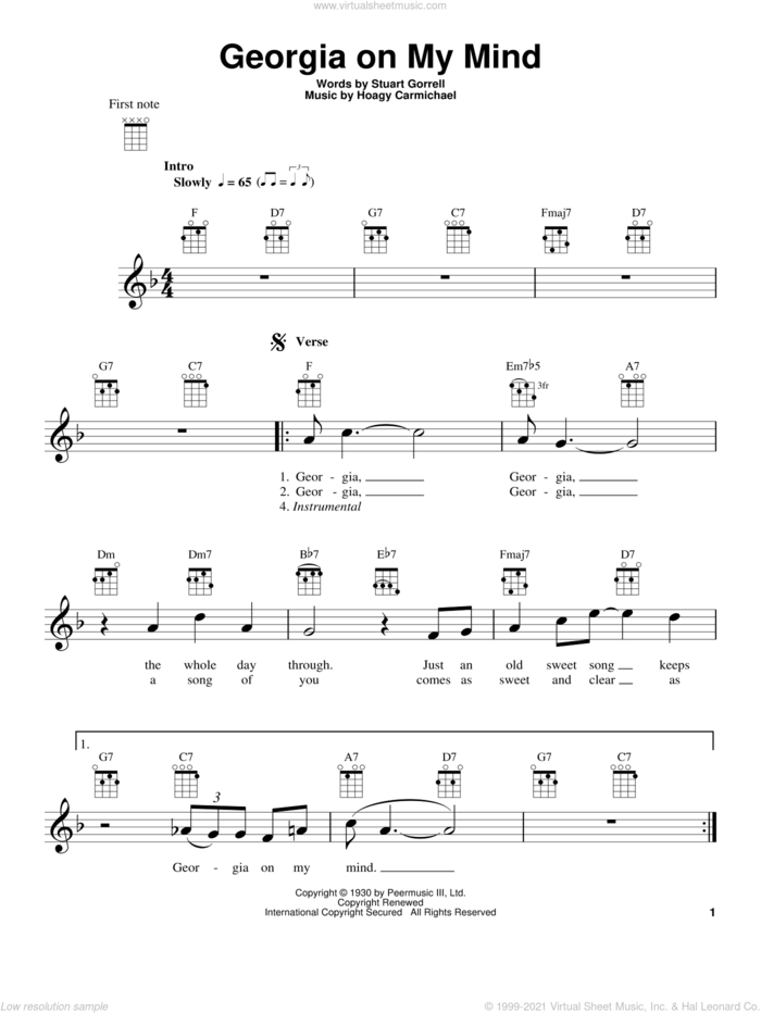Georgia On My Mind sheet music for ukulele by Ray Charles, Hoagy Carmichael, Stuart Gorrell and Willie Nelson, intermediate skill level