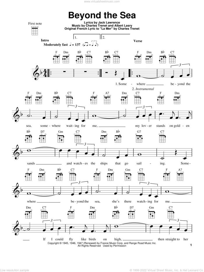 Beyond The Sea sheet music for ukulele by Bobby Darin, Albert Lasry, Charles Trenet, Jack Lawrence and Roger Williams, intermediate skill level
