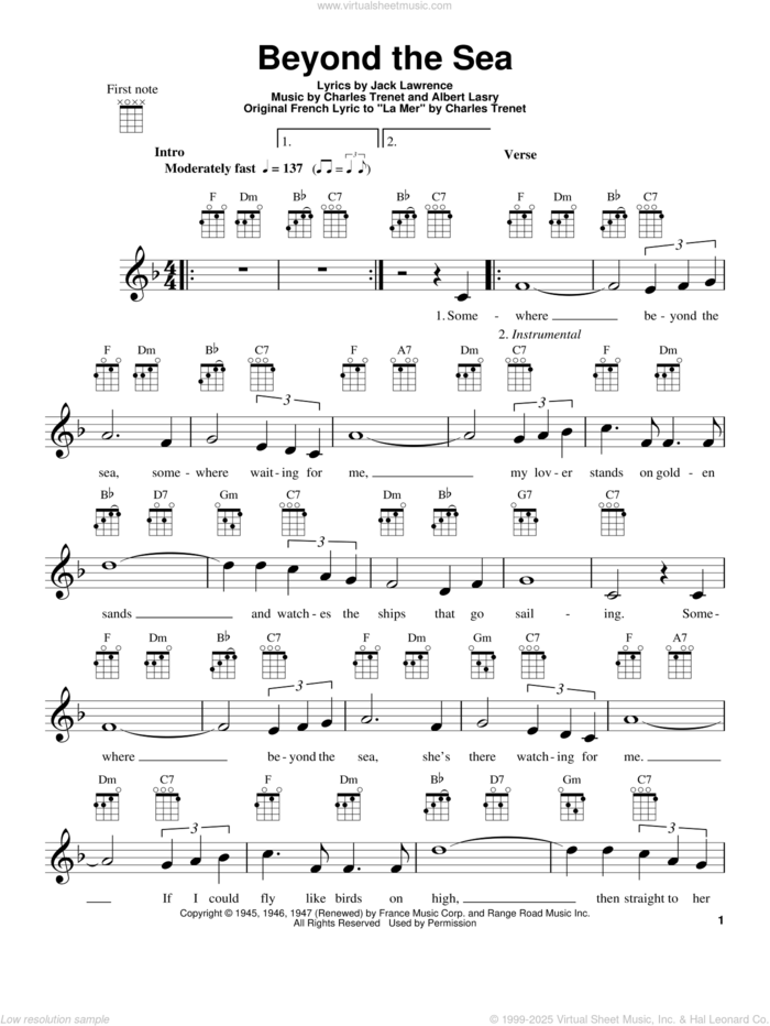 Beyond The Sea (from The Daily Ukulele) sheet music for ukulele by Bobby Darin, Albert Lasry, Charles Trenet, Jack Lawrence and Roger Williams, intermediate skill level