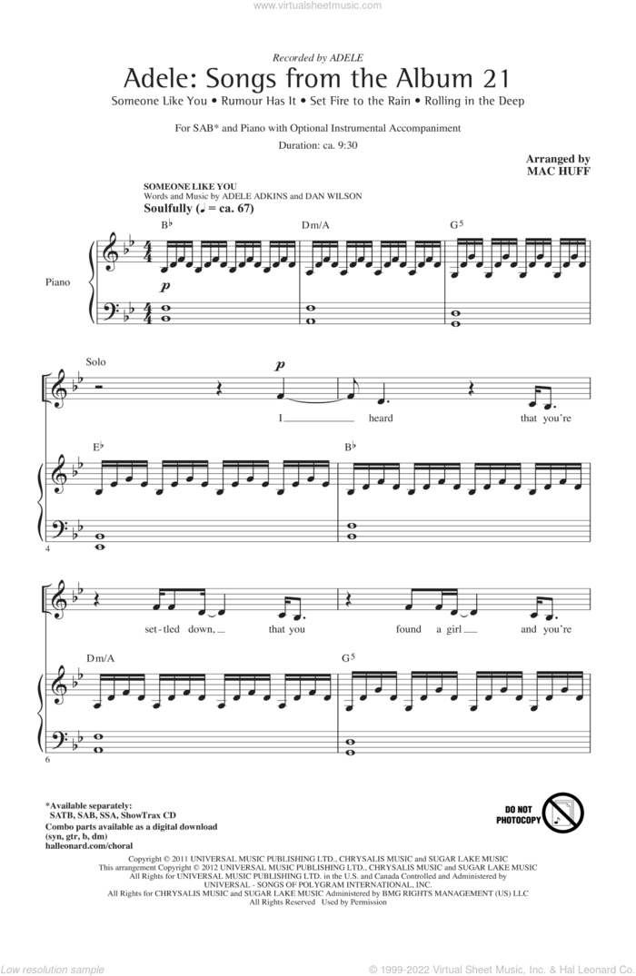 Adele: Songs From The Album 21 (Medley) sheet music for choir (SAB: soprano, alto, bass) by Mac Huff, Adele and Adele Adkins, intermediate skill level