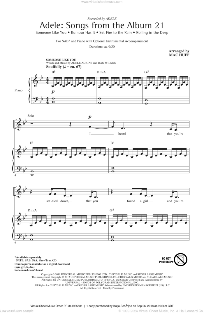 Adele: Songs From The Album 21 (Medley) sheet music for choir (SAB: soprano, alto, bass) by Mac Huff, Adele and Adele Adkins, intermediate skill level