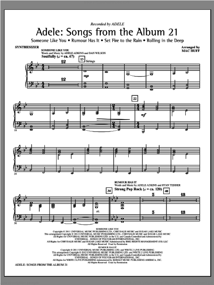 Adele: Songs From The Album 21 (Medley) sheet music for orchestra/band (synthesizer) by Mac Huff, Adele and Adele Adkins, intermediate skill level