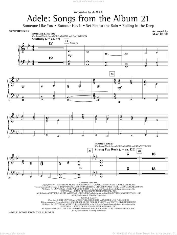 Adele: Songs From The Album 21 (Medley) sheet music for orchestra/band (synthesizer) by Mac Huff, Adele and Adele Adkins, intermediate skill level