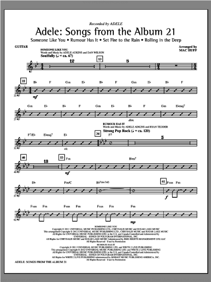 Adele: Songs From The Album 21 (Medley) sheet music for orchestra/band (guitar) by Mac Huff, Adele and Adele Adkins, intermediate skill level