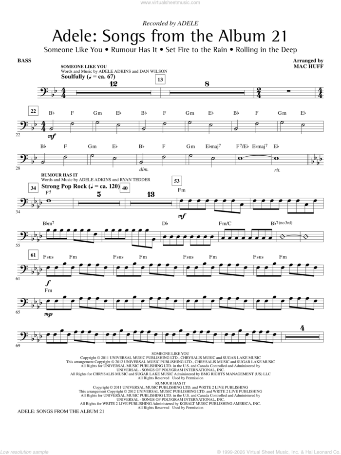 Adele: Songs From The Album 21 (Medley) sheet music for orchestra/band (bass) by Mac Huff, Adele and Adele Adkins, intermediate skill level