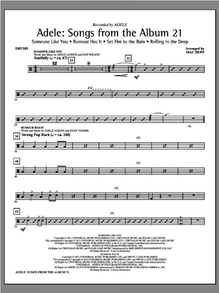 Adele: Songs From The Album 21 (Medley) sheet music for orchestra/band (drums) by Mac Huff, Adele and Adele Adkins, intermediate skill level