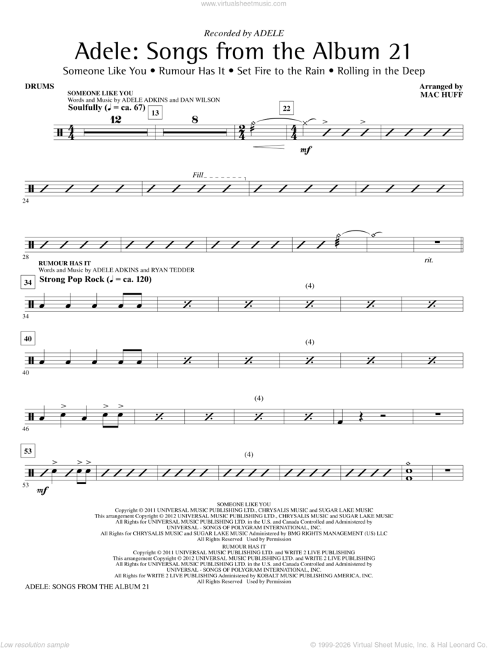 Adele: Songs From The Album 21 (Medley) sheet music for orchestra/band (drums) by Mac Huff, Adele and Adele Adkins, intermediate skill level