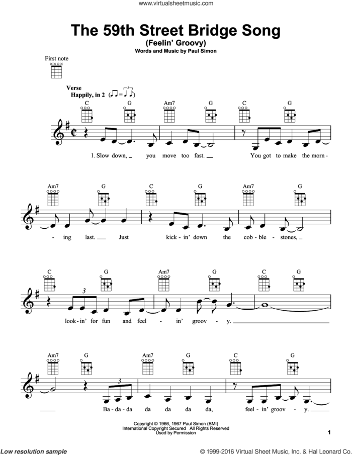 The 59th Street Bridge Song (Feelin' Groovy) sheet music for ukulele by Simon & Garfunkel and Paul Simon, intermediate skill level