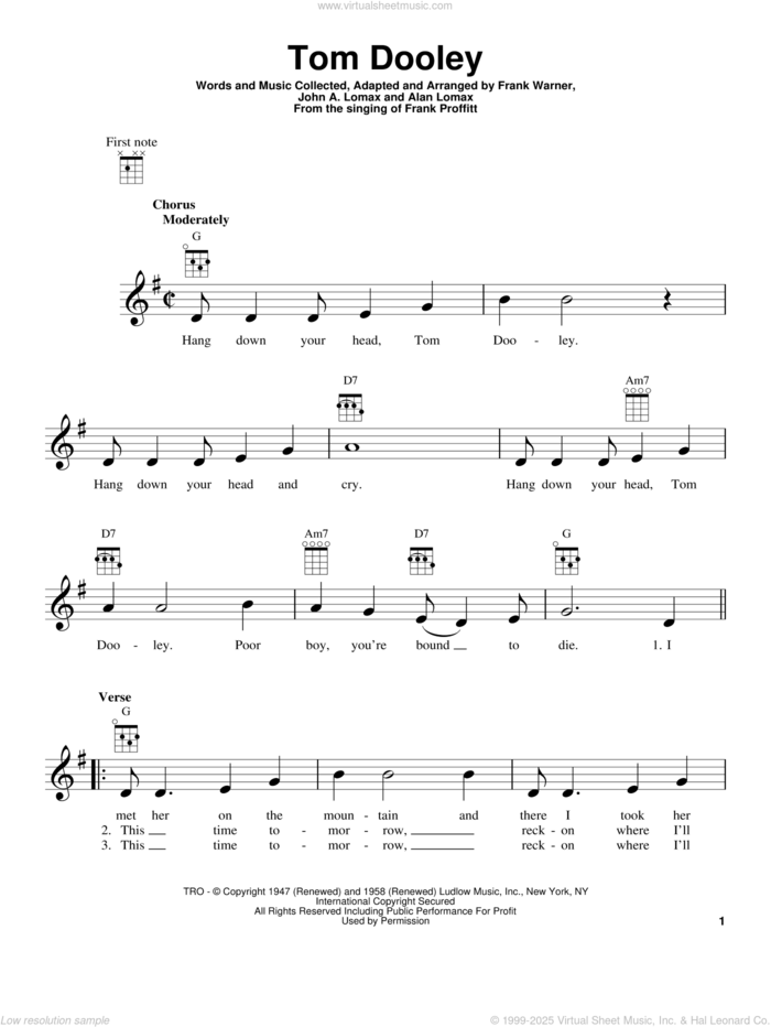 Tom Dooley sheet music for ukulele by Kingston Trio, Frank Warner and John A. Lomax, intermediate skill level