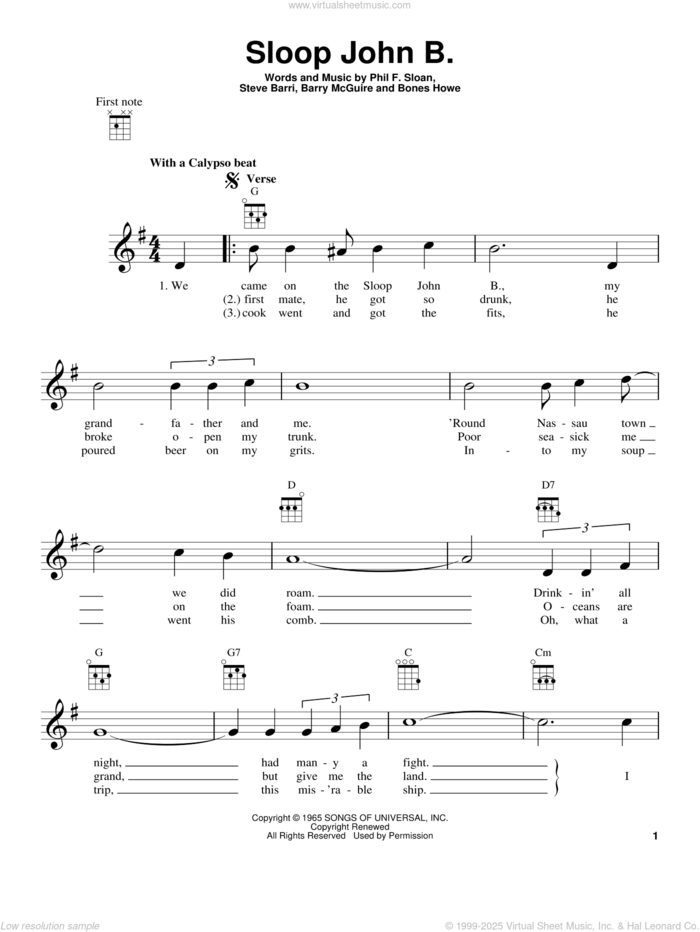 Sloop John B. sheet music for ukulele by Steve Barri, Barry McGuire, Bones Howe and Phil F. Sloan, intermediate skill level