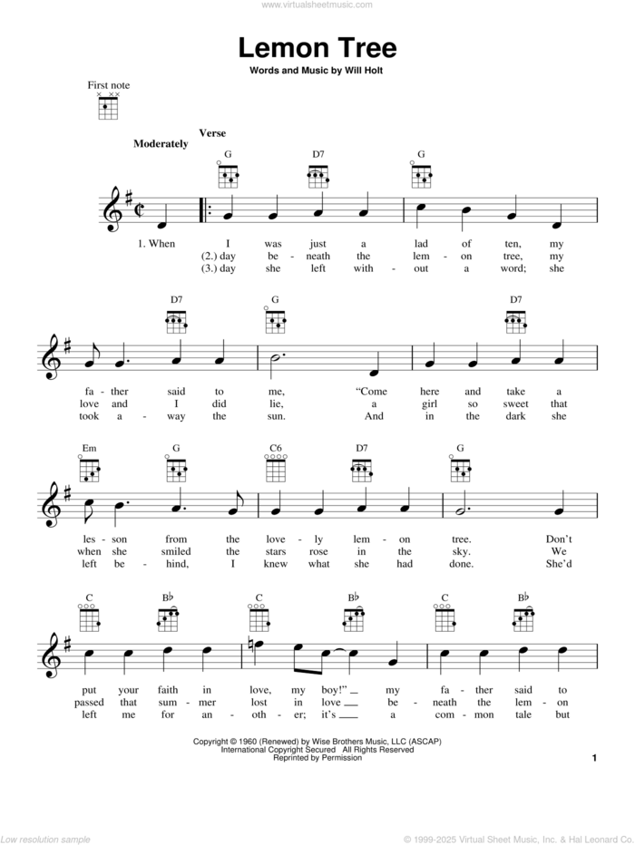 Lemon Tree sheet music for ukulele by Peter, Paul & Mary, Trini Lopez and Will Holt, intermediate skill level