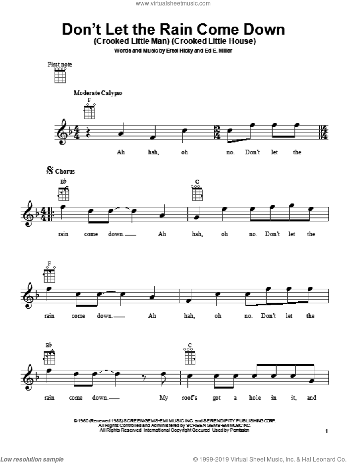 Don't Let The Rain Come Down (Crooked Little Man) (Crooked Little House) sheet music for ukulele by Serendipity Singers, Ed. E. Miller and Ersel Hicky, intermediate skill level