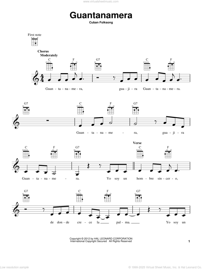 Guantanamera sheet music for ukulele, intermediate skill level