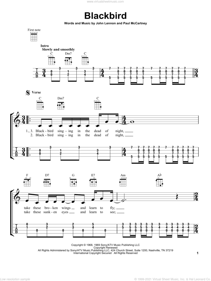 Blackbird sheet music for ukulele by The Beatles, John Lennon and Paul McCartney, intermediate skill level