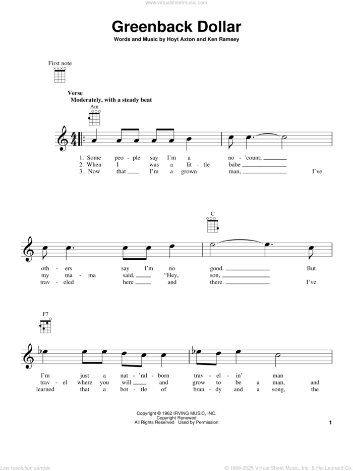 Greenback Dollar sheet music for ukulele by Kingston Trio, Hoyt Axton and Ken Ramsey, intermediate skill level