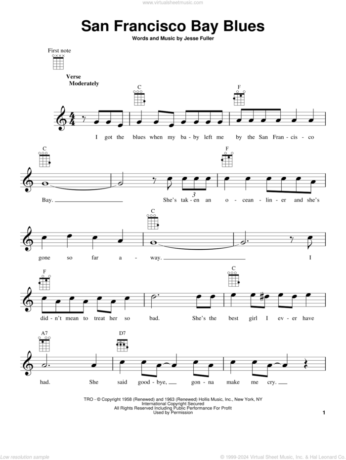 San Francisco Bay Blues sheet music for ukulele by Eric Clapton and Jesse Fuller, intermediate skill level