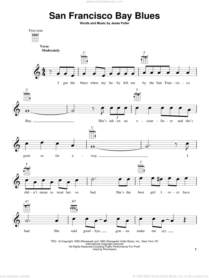 San Francisco Bay Blues sheet music for ukulele by Eric Clapton and Jesse Fuller, intermediate skill level