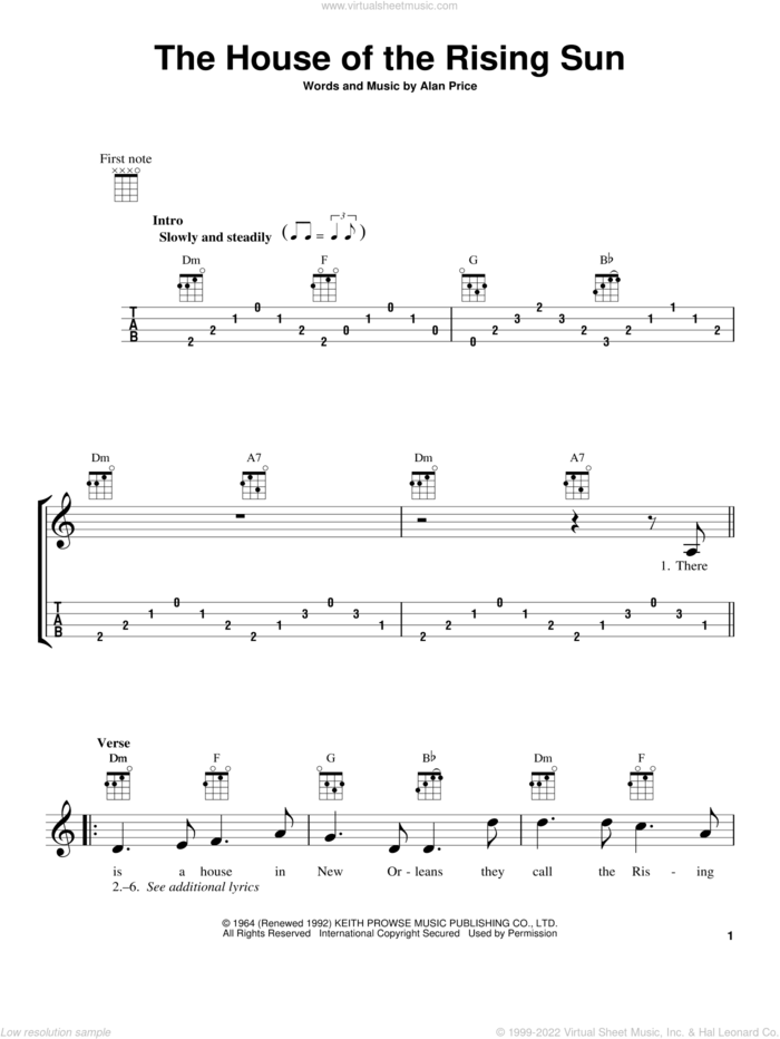 The House Of The Rising Sun sheet music for ukulele by The Animals and Alan Price, intermediate skill level