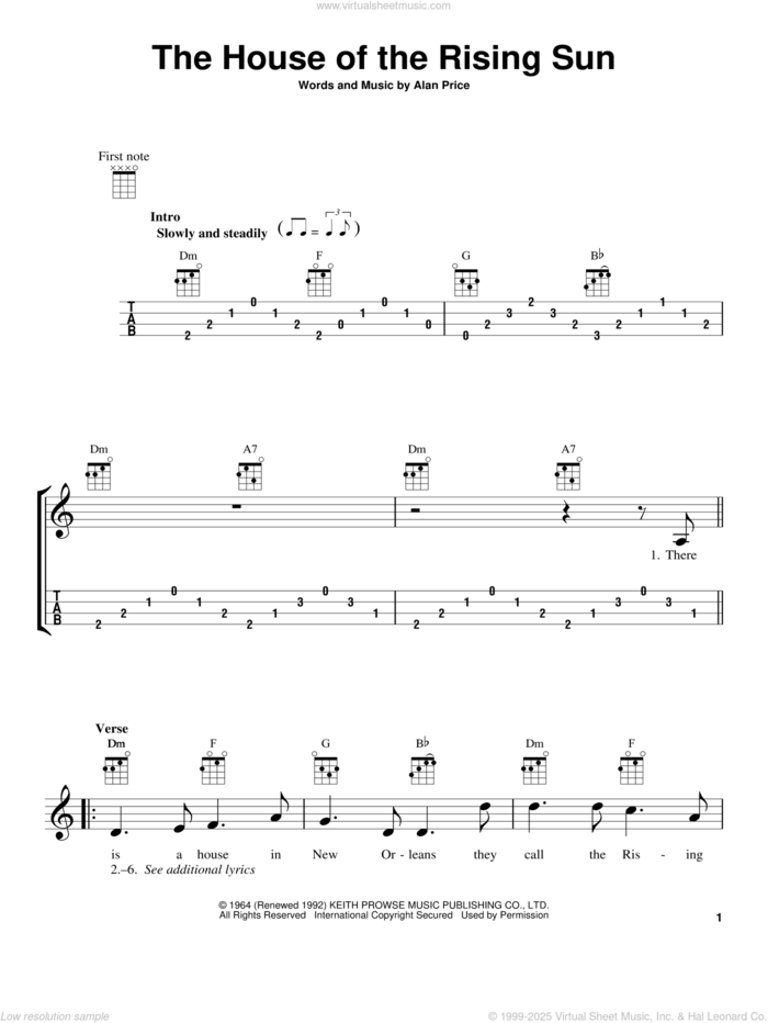 The House Of The Rising Sun sheet music for ukulele by The Animals and Alan Price, intermediate skill level