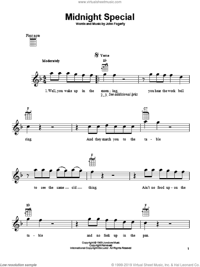 Midnight Special sheet music for ukulele by Creedence Clearwater Revival and John Fogerty, intermediate skill level