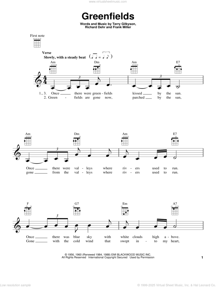 Greenfields (from The Daily Ukulele) sheet music for ukulele by The Brothers Four, Frank Miller, Richard Dehr and Terry Gilkyson, intermediate skill level