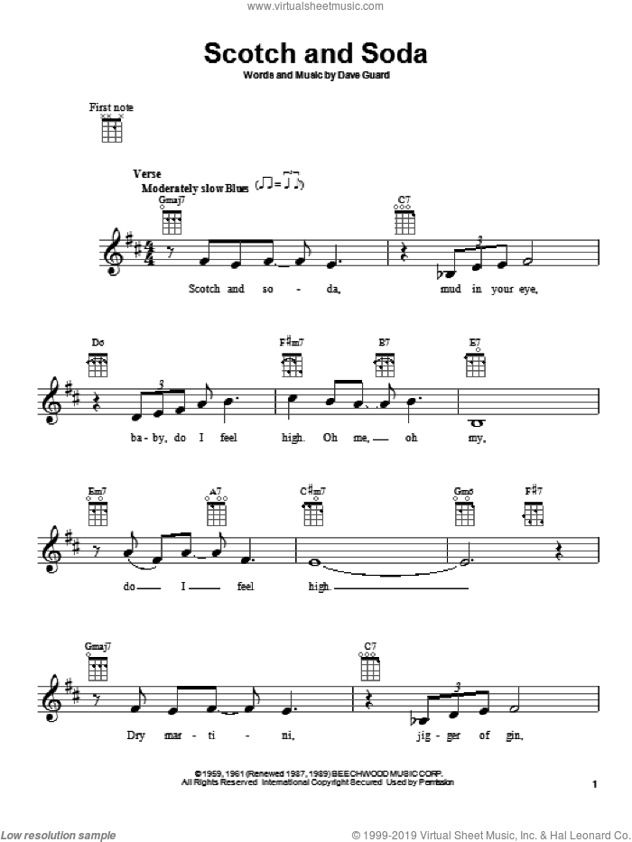 Scotch And Soda sheet music for ukulele by Kingston Trio and Dave Guard, intermediate skill level
