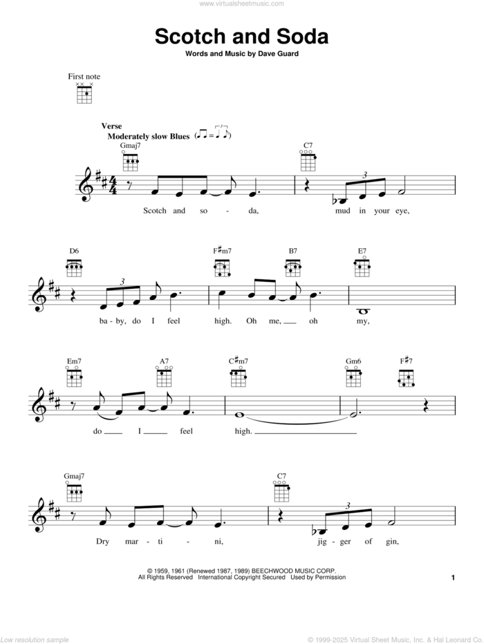Scotch And Soda sheet music for ukulele by Kingston Trio and Dave Guard, intermediate skill level