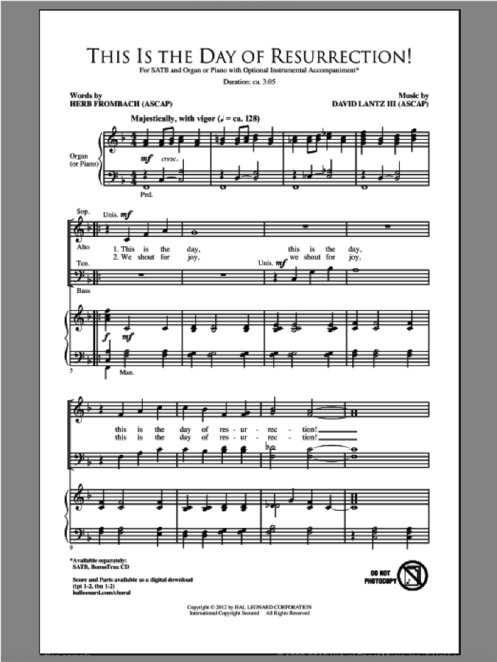 This Is The Day Of Resurrection! sheet music for choir (SATB: soprano, alto, tenor, bass) by David Lantz and Herb Frombach, intermediate skill level