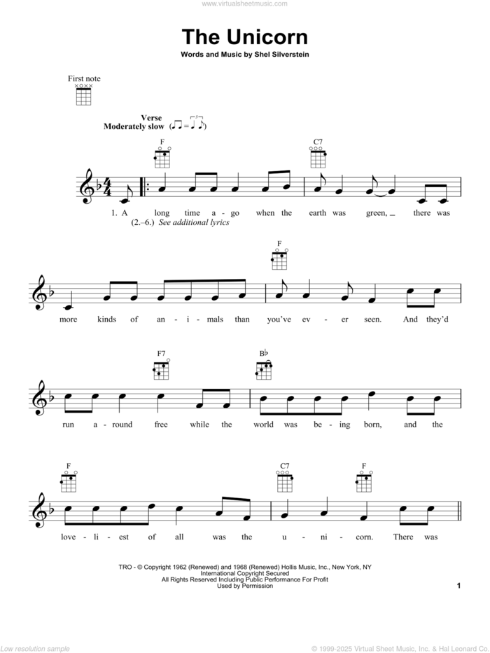 The Unicorn sheet music for ukulele by Irish Rovers and Shel Silverstein, intermediate skill level