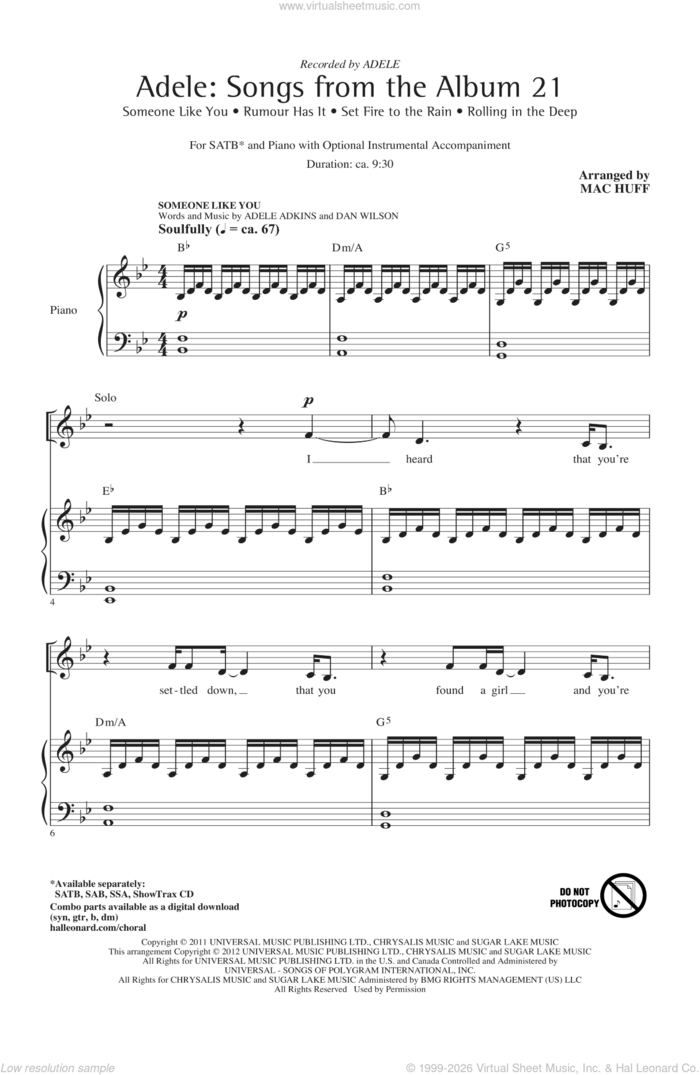 Adele: Songs From The Album 21 (Medley) sheet music for choir (SATB: soprano, alto, tenor, bass) by Mac Huff, Adele and Adele Adkins, intermediate skill level