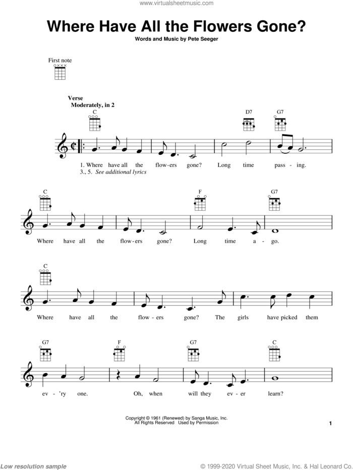 Where Have All The Flowers Gone? sheet music for ukulele by The Kingston Trio, Pete Seeger and Peter, Paul & Mary, intermediate skill level