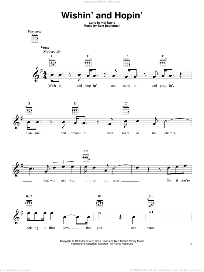 Wishin' And Hopin' sheet music for ukulele by Dusty Springfield, Burt Bacharach and Hal David, intermediate skill level