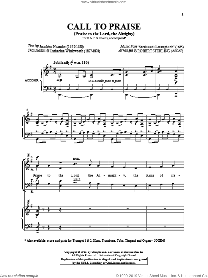 Praise To The Lord, The Almighty sheet music for choir (SATB: soprano, alto, tenor, bass) by Robert Sterling, intermediate skill level