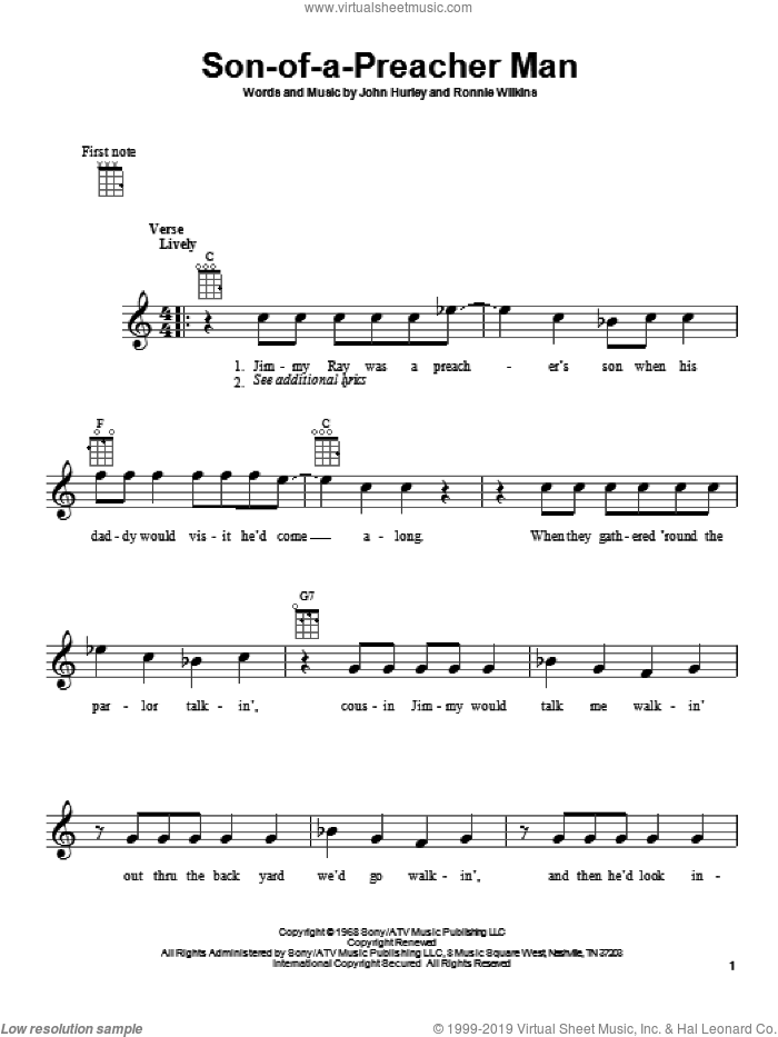 Son-Of-A-Preacher Man sheet music for ukulele by Dusty Springfield, John Hurley and Ronnie Wilkins, intermediate skill level