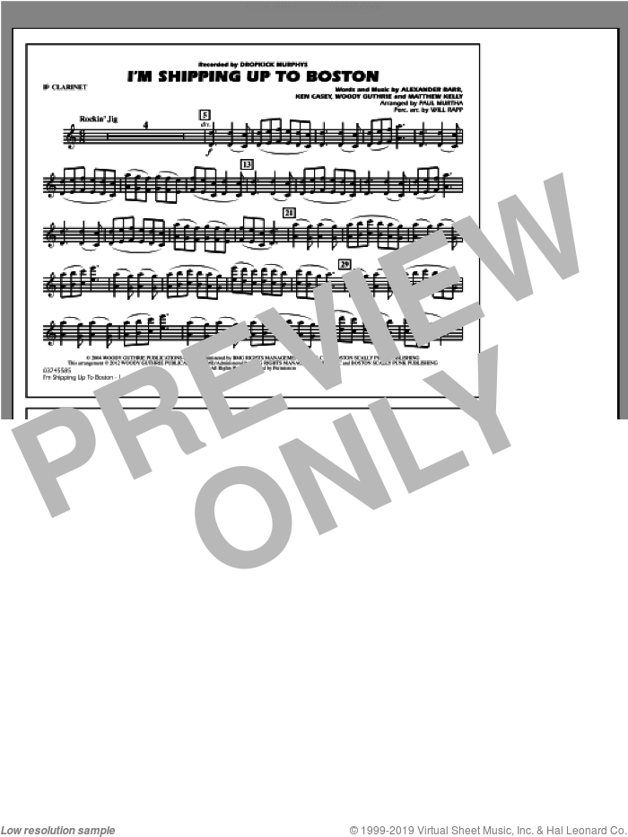 I'm Shipping Up To Boston sheet music for marching band (Bb clarinet) by Woody Guthrie, Alexander Barr, Ken Casey, Matthew Kelly, Dropkick Murphys, Paul Murtha and Will Rapp, intermediate skill level