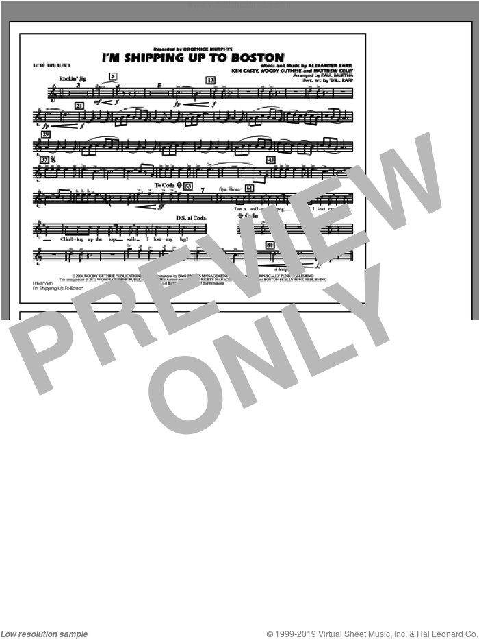 I'm Shipping Up To Boston sheet music for marching band (1st Bb trumpet) by Woody Guthrie, Alexander Barr, Ken Casey, Matthew Kelly, Dropkick Murphys, Paul Murtha and Will Rapp, intermediate skill level