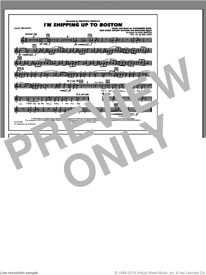 I'm Shipping Up To Boston sheet music for marching band (2nd Bb trumpet) by Woody Guthrie, Alexander Barr, Ken Casey, Matthew Kelly, Dropkick Murphys, Paul Murtha and Will Rapp, intermediate skill level